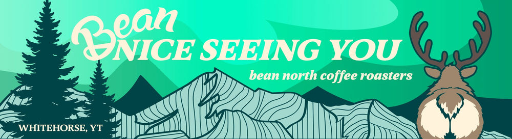 Teal banner with caribou, mountains, and text 'Bean Nice Seeing You' from Bean North Coffee Roasters.