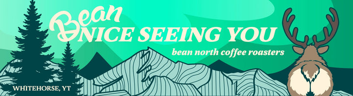 Teal banner with caribou, mountains, and text &