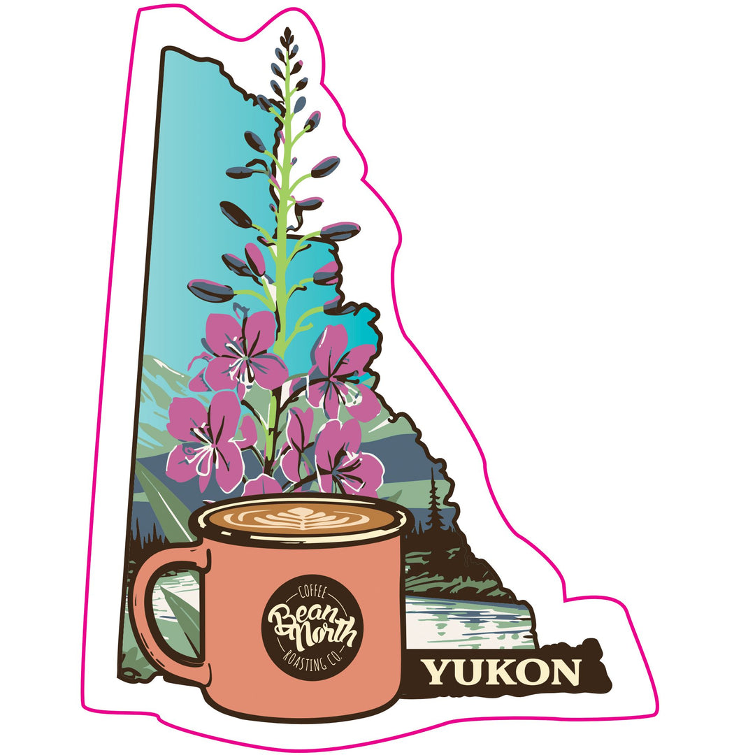 Map of Yukon with a coffee mug and flowers, featuring 'Bean North' branding.