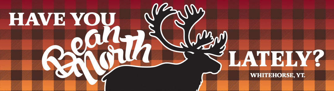 Plaid pattern with a caribou silhouette and text &